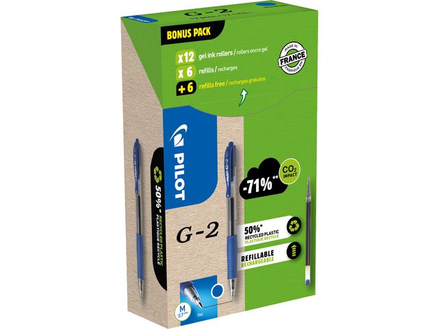 G-2 Gelpen Rolschrijver, Greenpack 12 Pennen en 12 Navullingen, Medium Punt 0.7 mm, Blauw