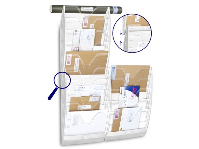 Wand folderrek mailroom Transparant, A4 staand, 5 vakken, L350 x B120 x H580 mm