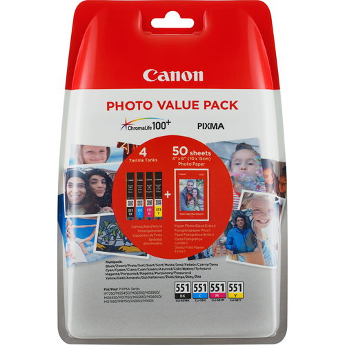  CLI-551 Value Pack blister 4x6 Phot Paper PP-201 50sheets + Cyaan Magenta Geel & Photo Zwart Inkt tanks
