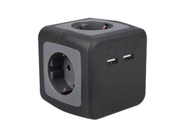 Cube Stekkerdoos met draadloos oplaadstation, 4 Contactpunten, 2 USB-poorten, Grijs
