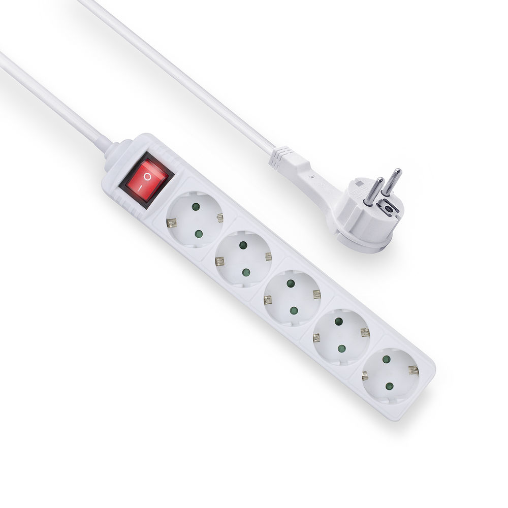 Power Strip white with switch and flat plug 5 plugs German version (Germany Netherlands Denmark Finland Sweden Norway Austria)