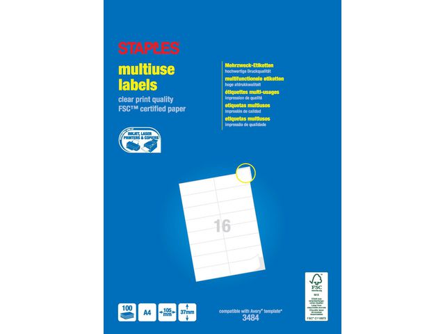 Multifunctionele Etiketten Permanent, Rechthoekig, 105 x 37 mm, 16 Etiketten per vel, Wit