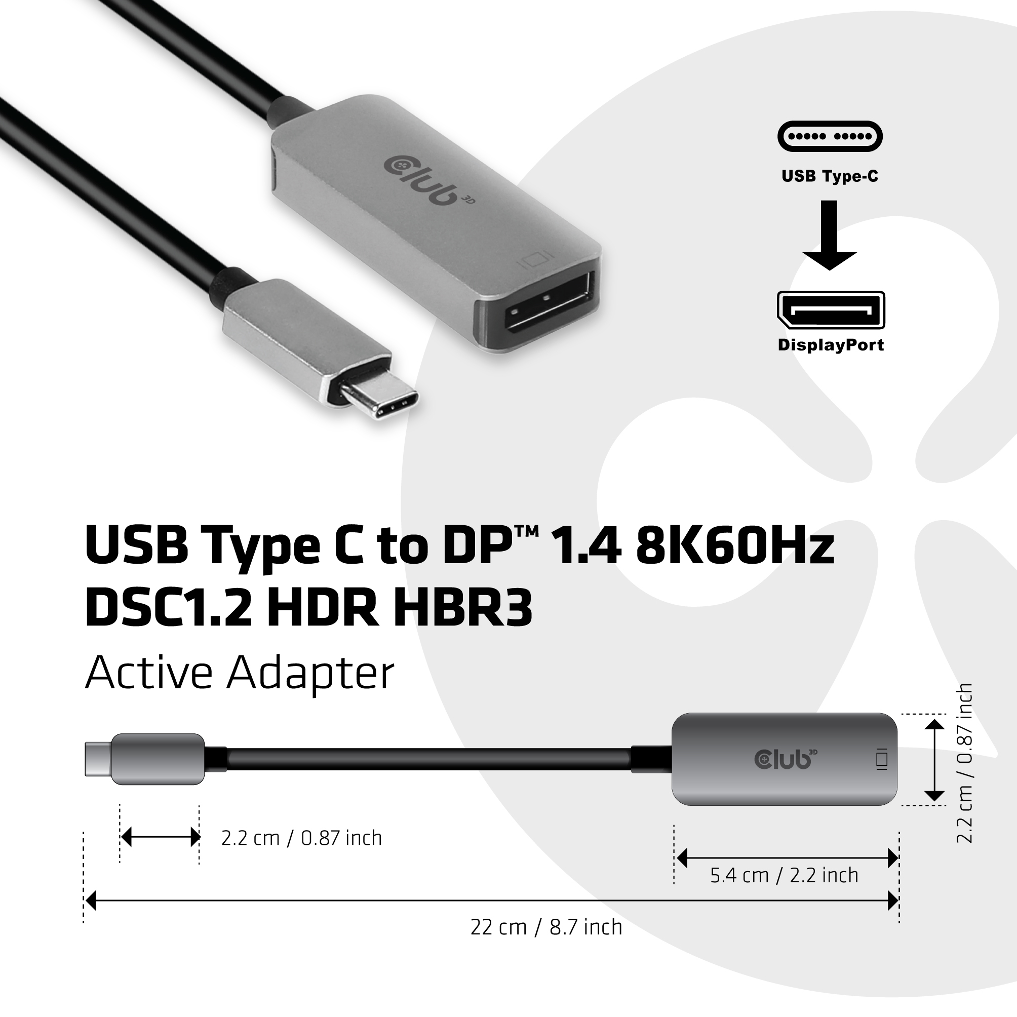 USB Type C to DP 1.4 8K60Hz DSC1.2 HDR HBR3 Active Adapter
