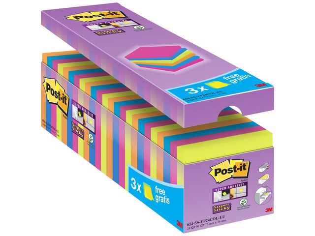Super Sticky Notes Voordeelpak, 76 x 76 mm, Neon kleuren
