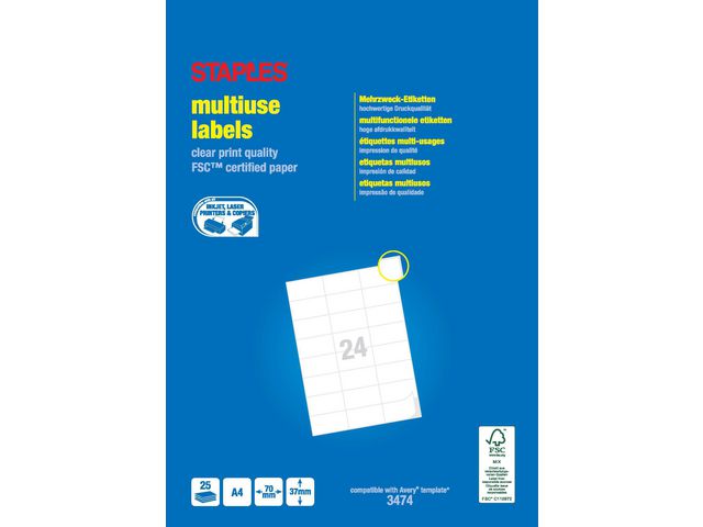 Multifunctionele Etiketten, 70 x 37 mm, 24 Etiketten per vel, Wit