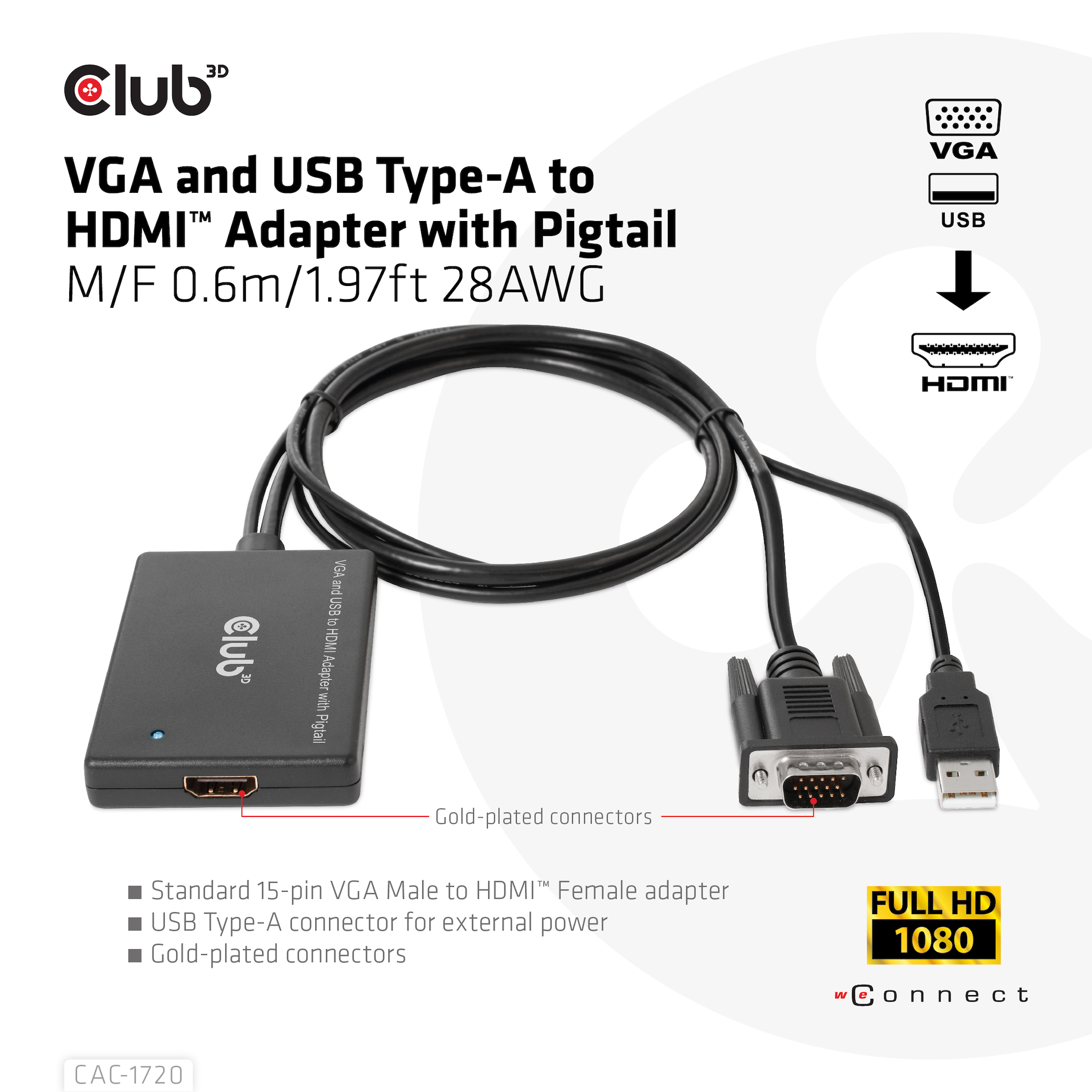 VGA AND USB TYPE-A TO HDMI ADAPTER WITHPIGTAIL M/F 0.6m 28AWG