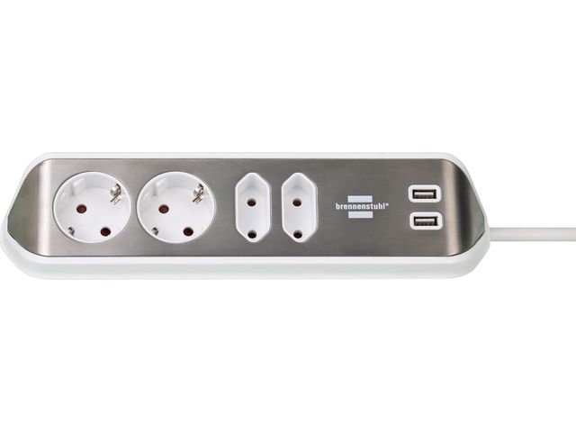 Hoekaansluitstekkerdoos, 2-voudig met 2 x USB, Zilver, Wit
