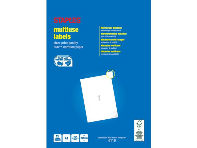Multifunctionele Etiketten Permanent, 297 x 210 mm, Rechthoekig, 1 Etiket per vel, Wit