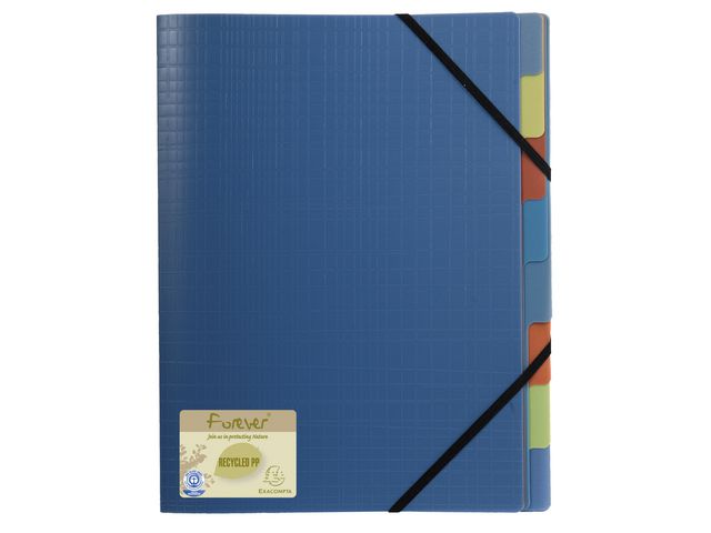 Forever® Sorteermap A4, 8 compartimenten, 3 kleppen, tabbladen in verschillende kleuren, 250 vellen, gerecycled polypropyleen, blauw