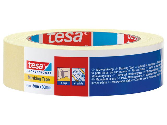 4323 Masking Tape Basic Afplaktape, 30 mm x 50 m, Lichtcrème