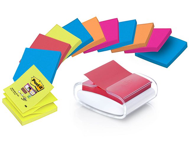 Super Sticky Z-Notes dispenser PRO wit + 12 blokken ® Super Sticky Z-Notes Bangkok en Bora Bora kleuren, 76 x 76 mm