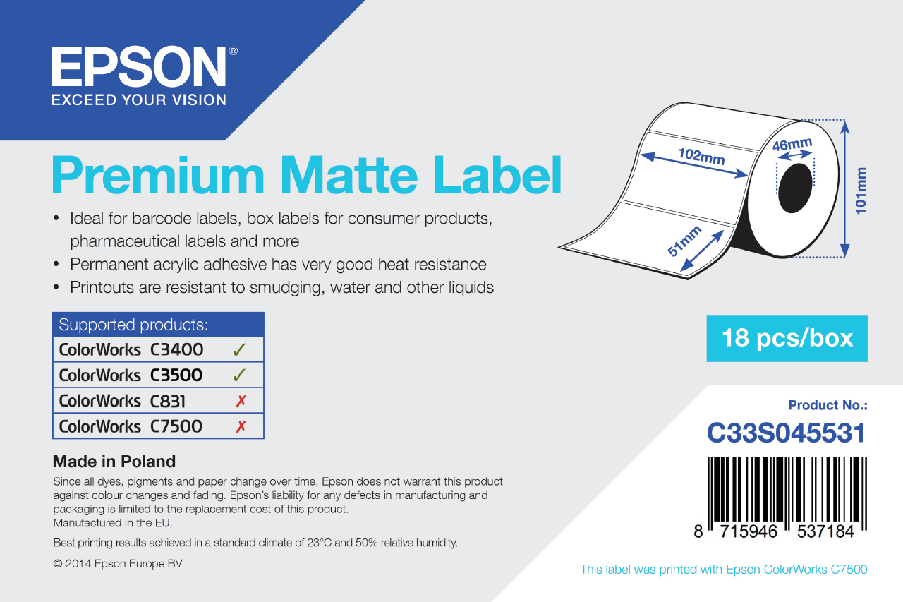 EPSON Premium Matte Label Papier, 102 mm x 51 mm