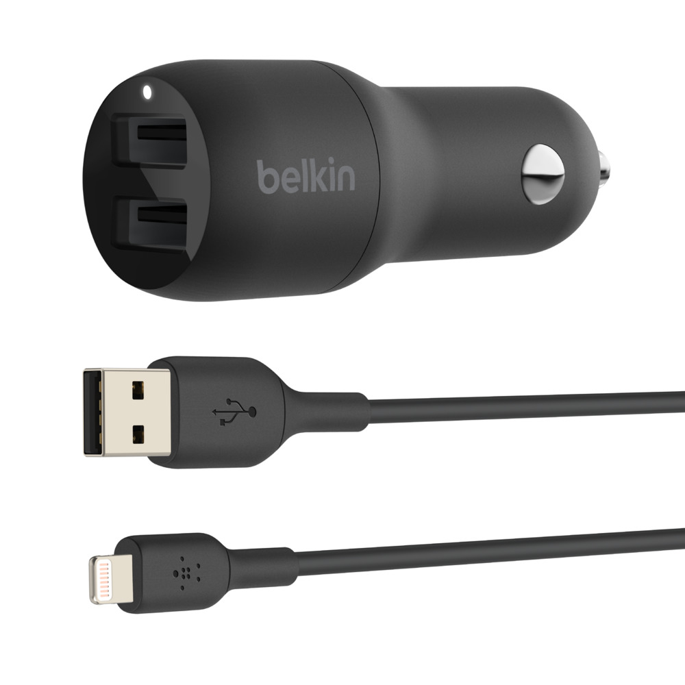 BELKIN Dual USB-A Car Charger w/ 1M PVC A-LTG 24W BLK