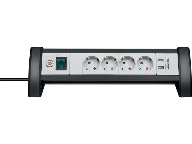 Premium Office Line Stekkerdoos, 4-voudig met USB, Bureaumodel met schakelaar, Zwart Lichtgrijs