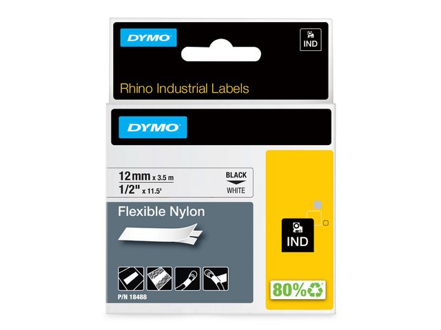 Rhino Flexibele Nylon Etiketten, 12 mm x 3,5 m, Zwart op Wit