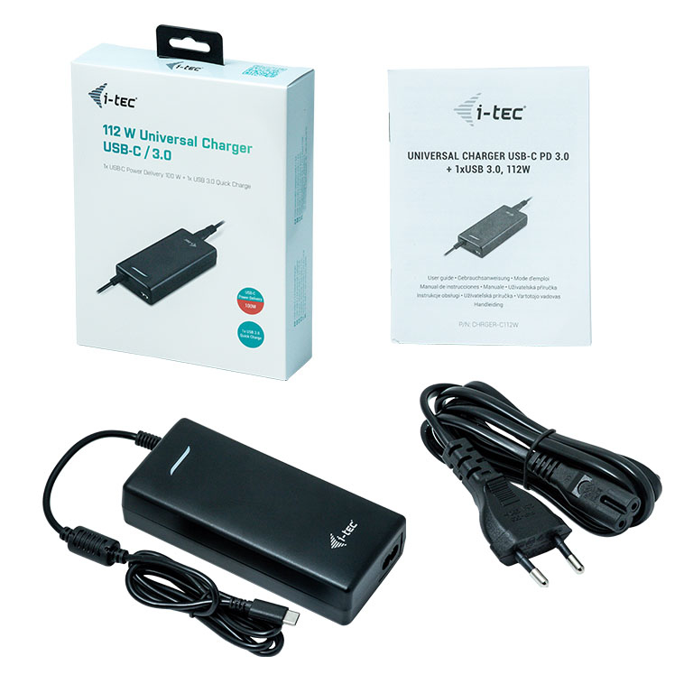 I-TEC USB C Universal Charger 112W 1x USB-C port 100W 1x USB-A port 12W for laptops tablets smartphones HP Apple Dell MacBook usw.