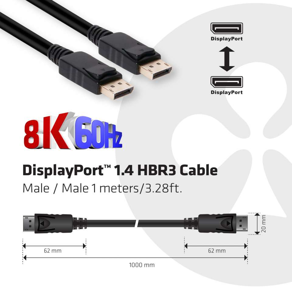 DisplayPort 1.4 HBR3 Cable M/M 1meter 8K60Hz Poly Bag