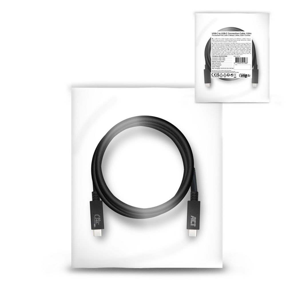 USB-C Connection Cable USB 4 40Gbps 240W Thunderbolt 4 Official USB-IF Certified 0.8 Meter