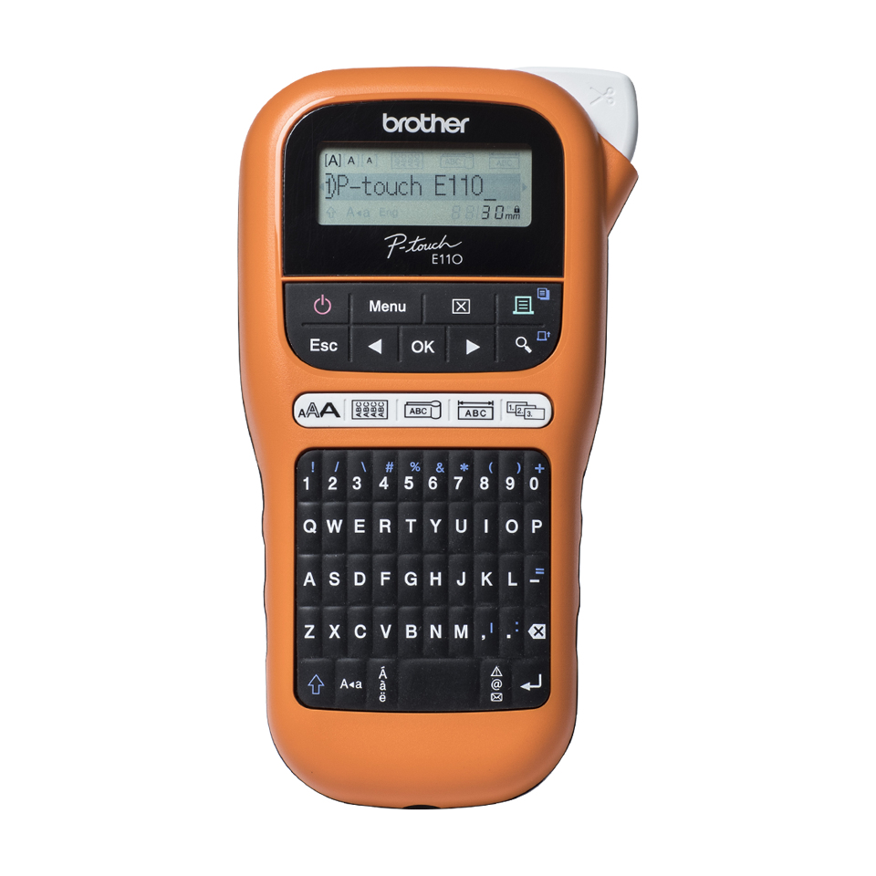Draagbaar industrieel model (oranje/zwart) 3.5/6/9/12mm TZe-tape. 2 regels printen. QWERTY en 123 toetsenbord. LCD scherm. (incl. koffer/adapter/9 mm Z/W)