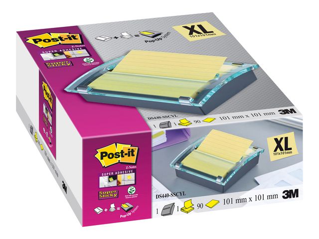 Super Sticky Z-Notes dispenser zwart en transparant + 1 blok Post-it Super Sticky Z-Notes Canary Yellow, Gelinieerd, 101 x 101 mm, geel