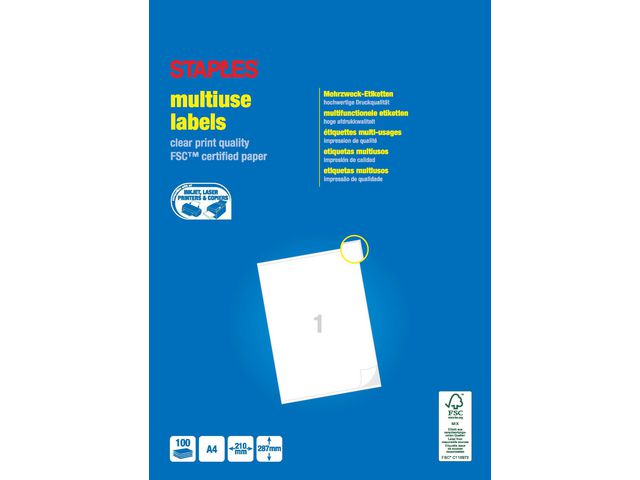 Multifunctionele Etiketten Permanent, Rechthoekig, Groot 287 x 210 mm, 1 Etiket per vel, Wit