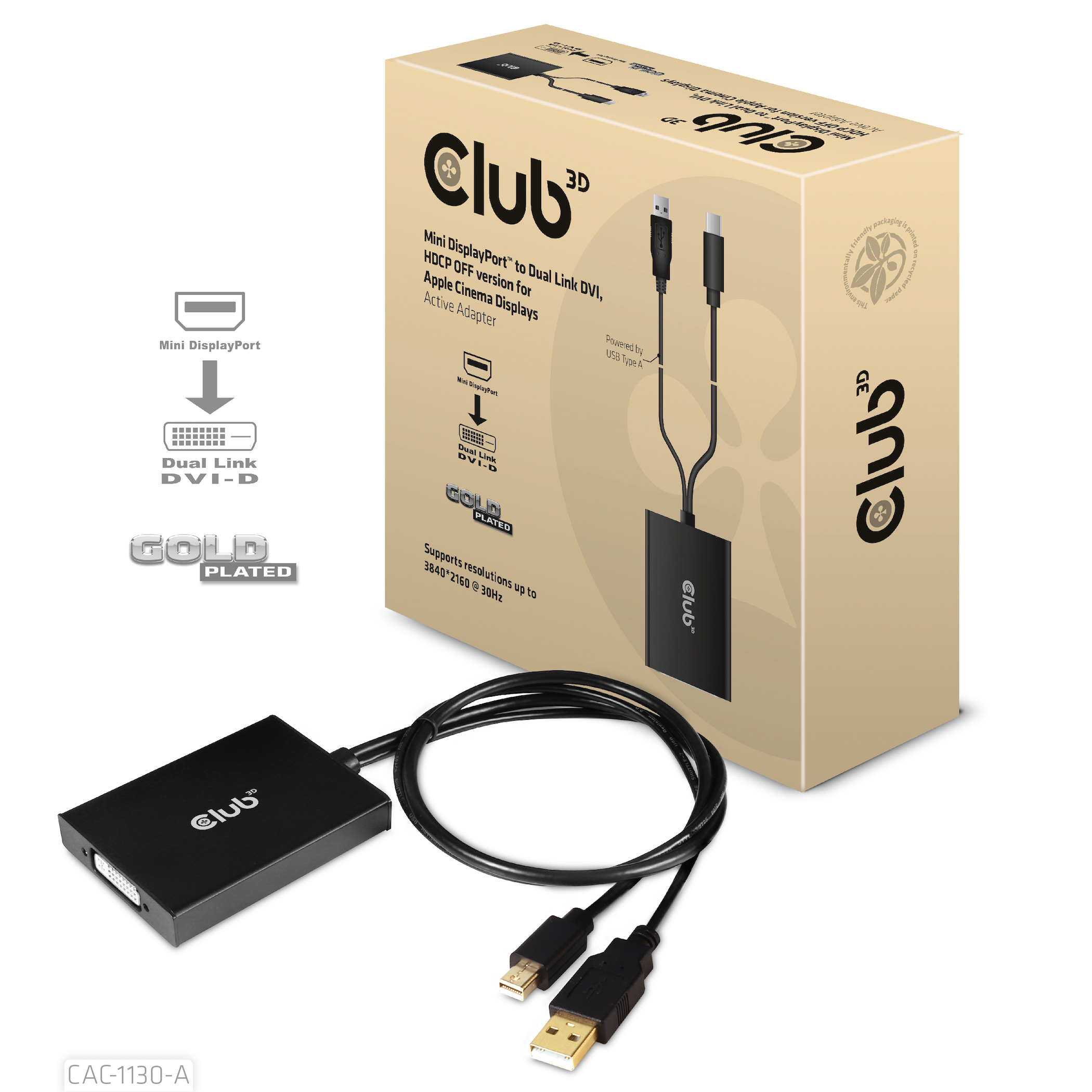 CLUB3D Mini DisplayPort to Dual Link DVI, HDCP OFF version for Apple Cinema Displays Active Adapter